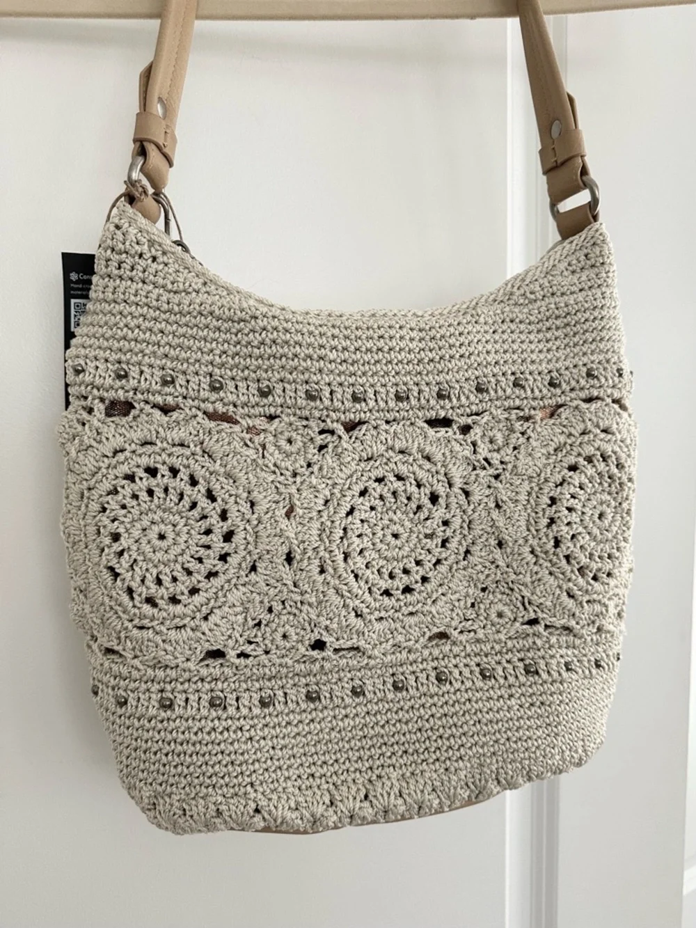 The Sak Sequoia Cream & Tan Crochet Leather Hobo Shoulder Bag with Bag Charm - Picture 12 of 17